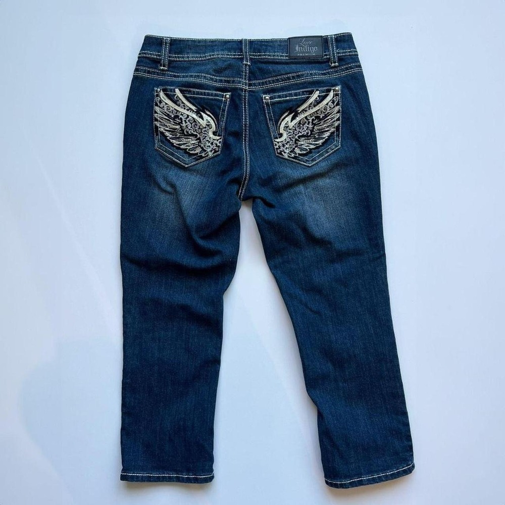 Y2K Love Indigo Low Rise Capris with Angel Wing Embellished Pockets - Picture 3 of 6